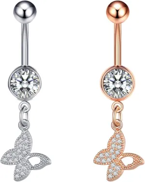 14G Belly Button Rings, 2Pcs Stainless-Steel Butterfly Navel Jewelry, Piercing Body Jewelry for Women
