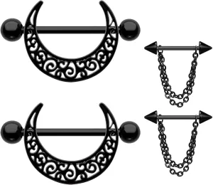 2 Pairs 14G Nipple Rings Stainless Steel Hollow Pattern Nipple Shield Piercing Jewelry 316L Moon Nipple Barbell Chaining Nipple Jewelry Body Piercing Jewelry for Women Men