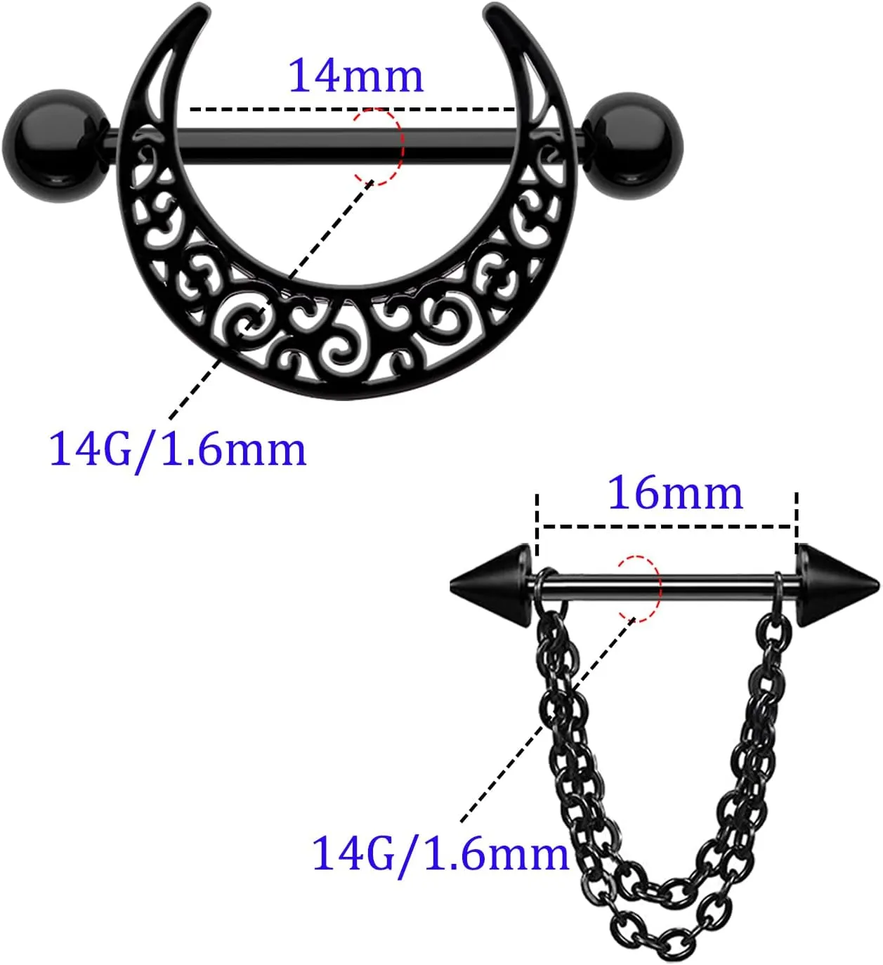 2 Pairs 14G Nipple Rings Stainless Steel Hollow Pattern Nipple Shield Piercing Jewelry 316L Moon Nipple Barbell Chaining Nipple Jewelry Body Piercing Jewelry for Women Men