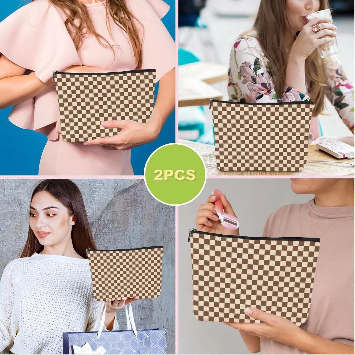 2 Pcs Checkered Makeup Bags Make up Bag Cosmetic Bags for Women Girls Sister Bestie Friendship Graduation Thank You Gifts Birthday Mothers Day Aesthetic Travel Toiletry Bag, Cute Brown Plaid