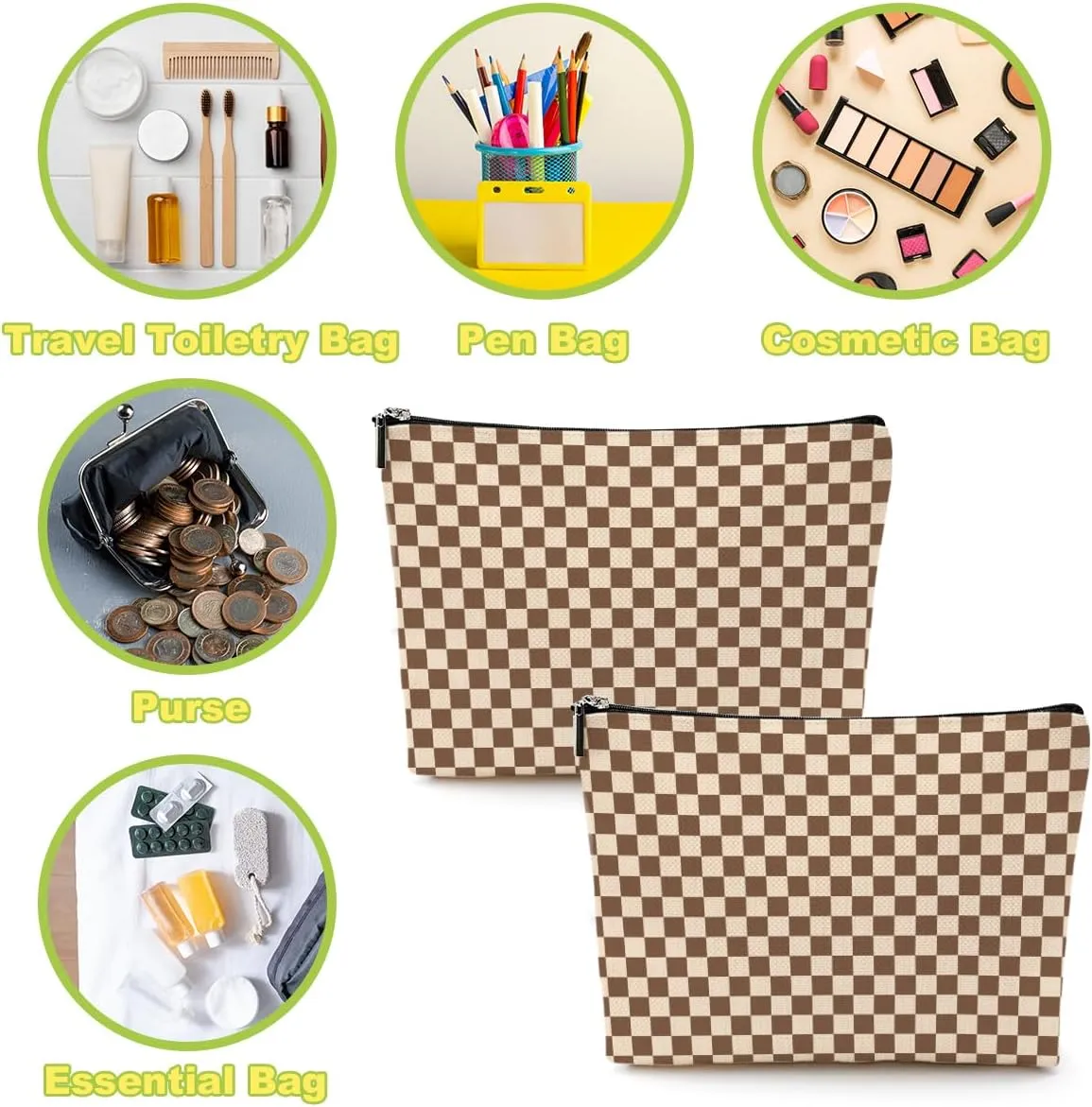 2 Pcs Checkered Makeup Bags Make up Bag Cosmetic Bags for Women Girls Sister Bestie Friendship Graduation Thank You Gifts Birthday Mothers Day Aesthetic Travel Toiletry Bag, Cute Brown Plaid