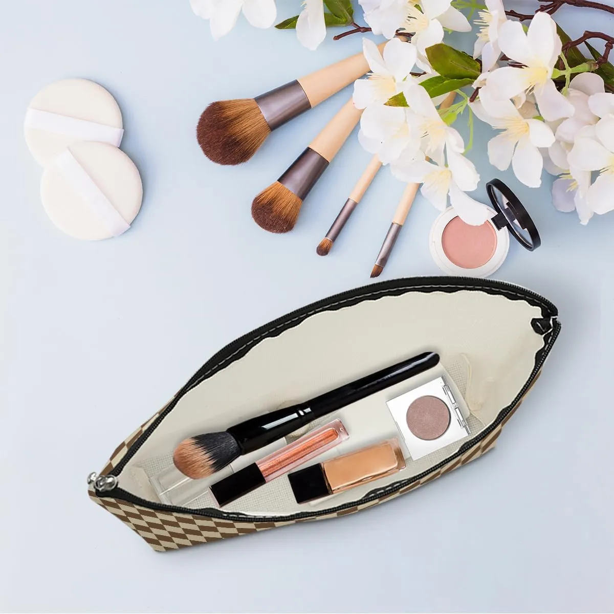 2 Pcs Checkered Makeup Bags Make up Bag Cosmetic Bags for Women Girls Sister Bestie Friendship Graduation Thank You Gifts Birthday Mothers Day Aesthetic Travel Toiletry Bag, Cute Brown Plaid