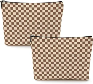 2 Pcs Checkered Makeup Bags Make up Bag Cosmetic Bags for Women Girls Sister Bestie Friendship Graduation Thank You Gifts Birthday Mothers Day Aesthetic Travel Toiletry Bag, Cute Brown Plaid