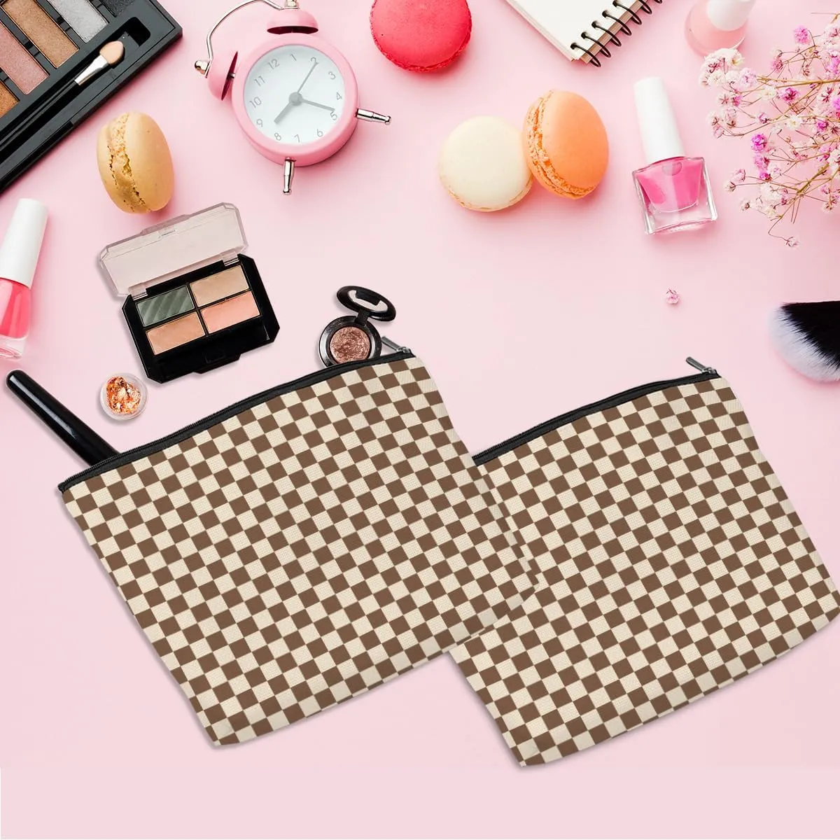 2 Pcs Checkered Makeup Bags Make up Bag Cosmetic Bags for Women Girls Sister Bestie Friendship Graduation Thank You Gifts Birthday Mothers Day Aesthetic Travel Toiletry Bag, Cute Brown Plaid