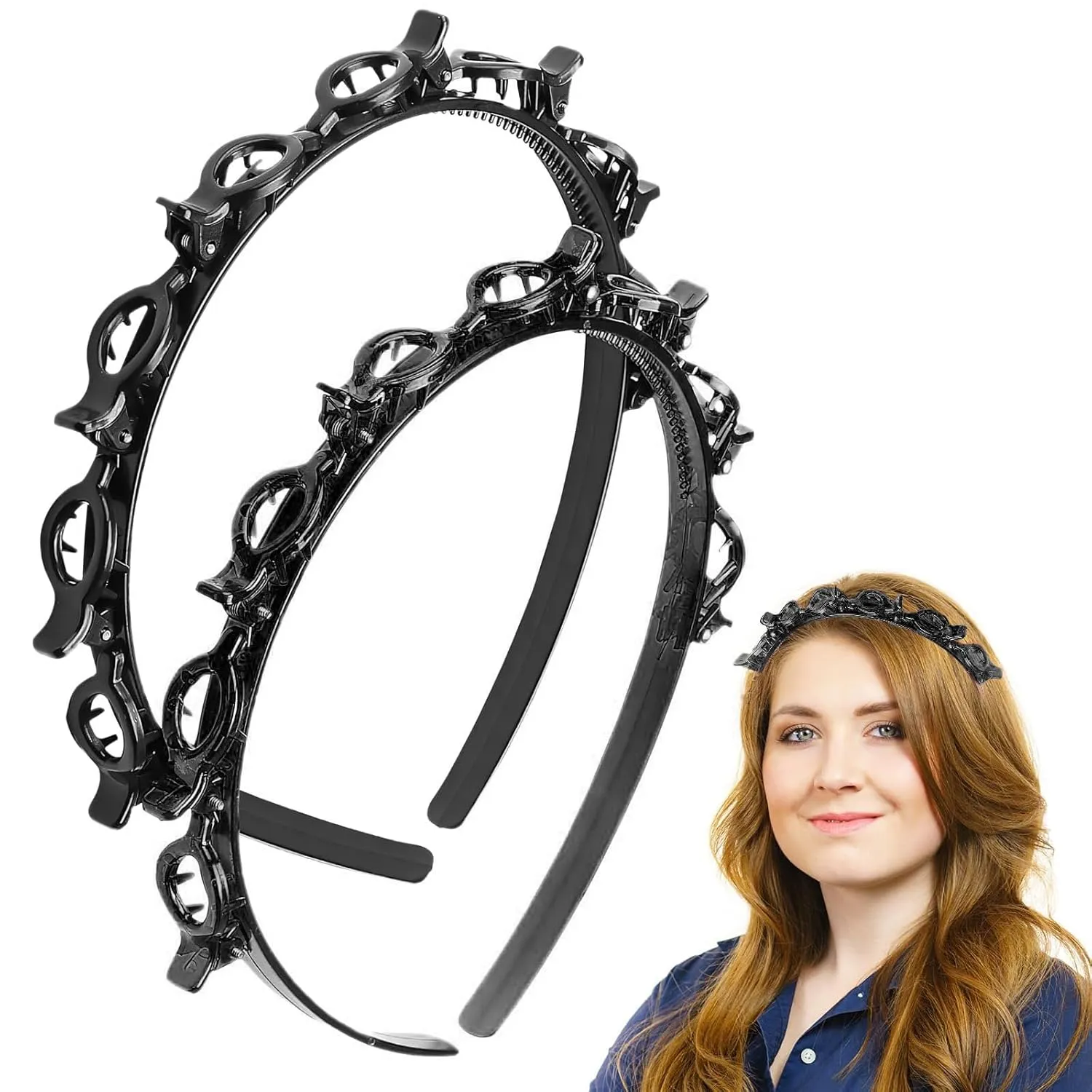 2 Pcs Hairband with Clips, Bangs Hairstyle Hairpin Headband, Toothed Headbands Braided Tool, Fashion Hair Clip Styling Accessory Tools for Women Girls (Black)