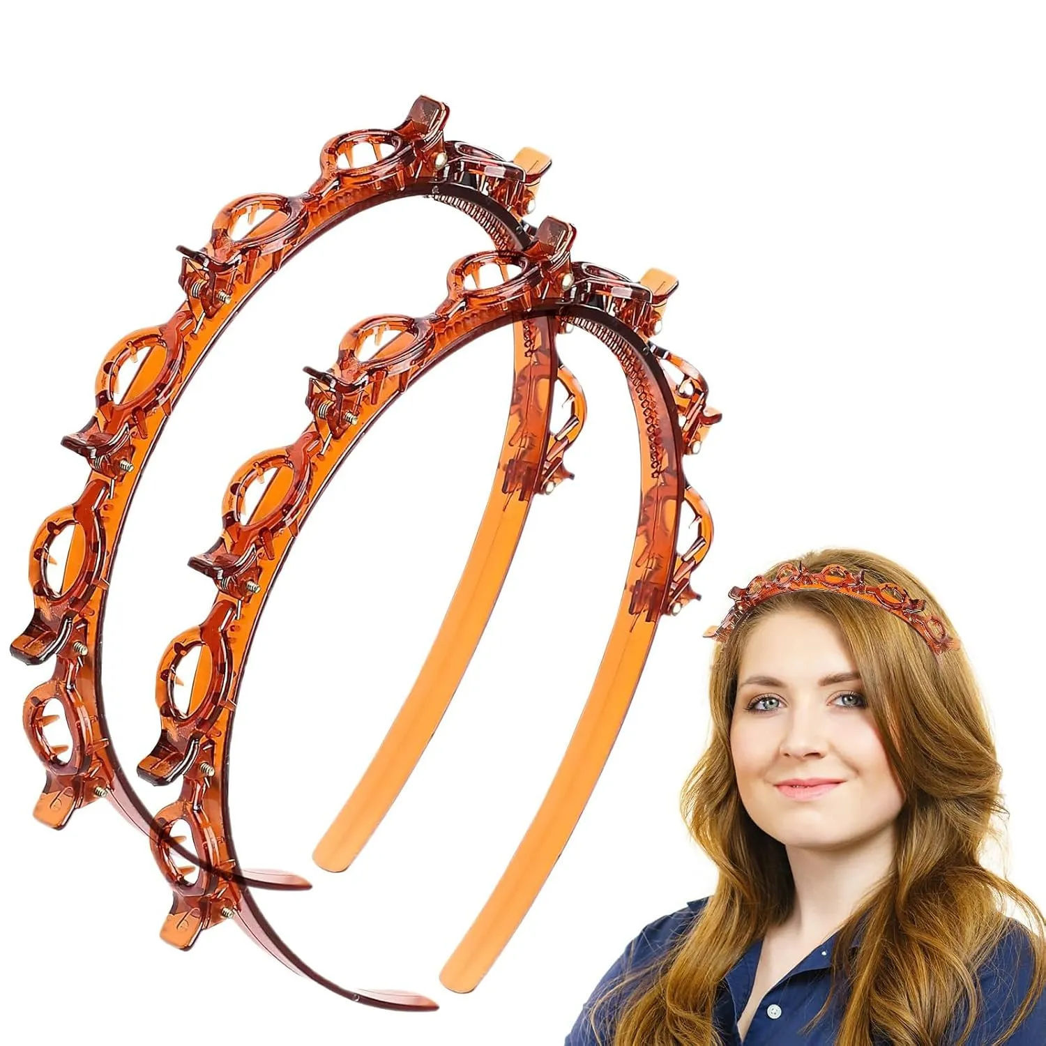 2 Pcs Hairband with Clips, Bangs Hairstyle Hairpin Headband, Toothed Headbands Braided Tool, Fashion Hair Clip Styling Accessory Tools for Women Girls (Brown)