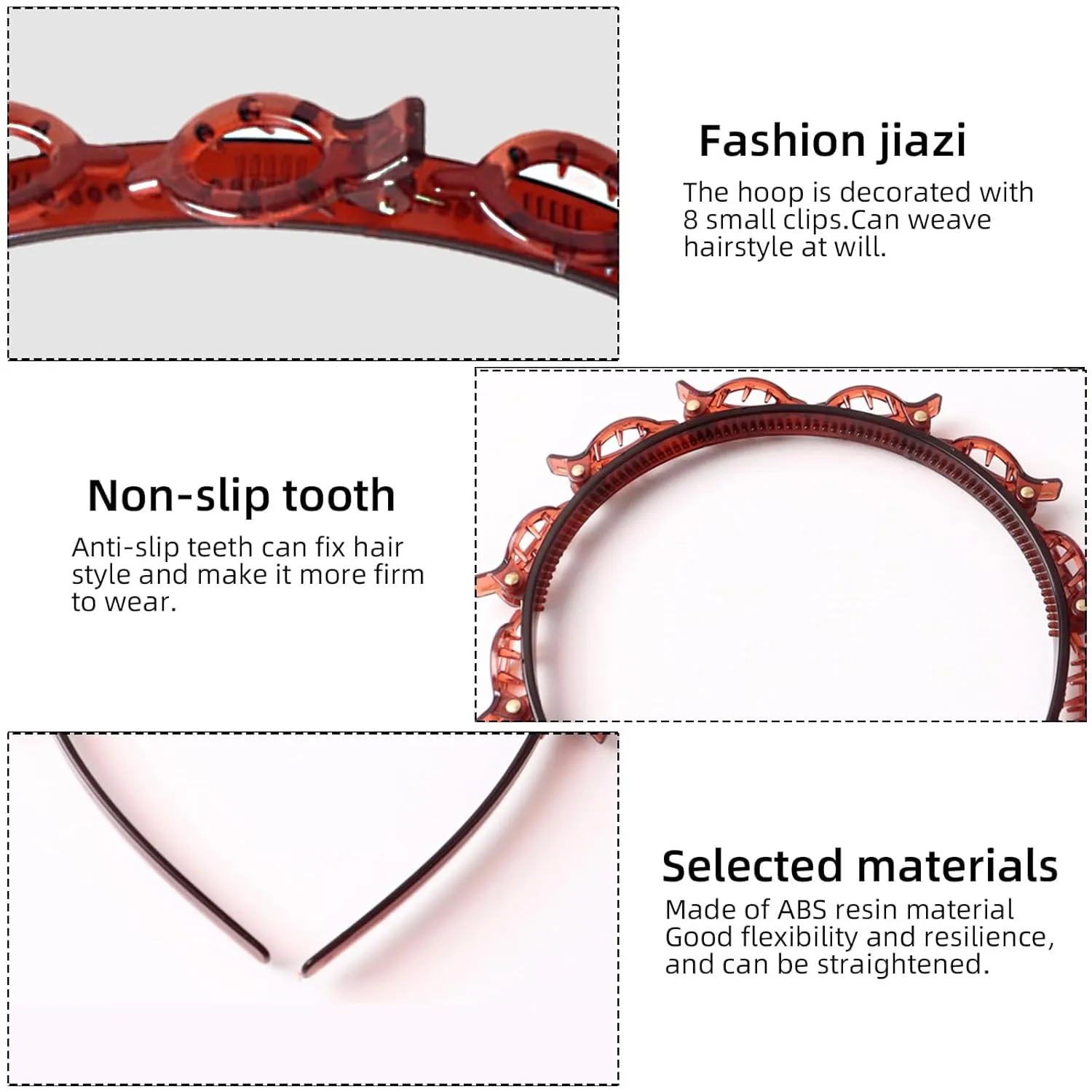 2 Pcs Hairband with Clips, Bangs Hairstyle Hairpin Headband, Toothed Headbands Braided Tool, Fashion Hair Clip Styling Accessory Tools for Women Girls (Brown)