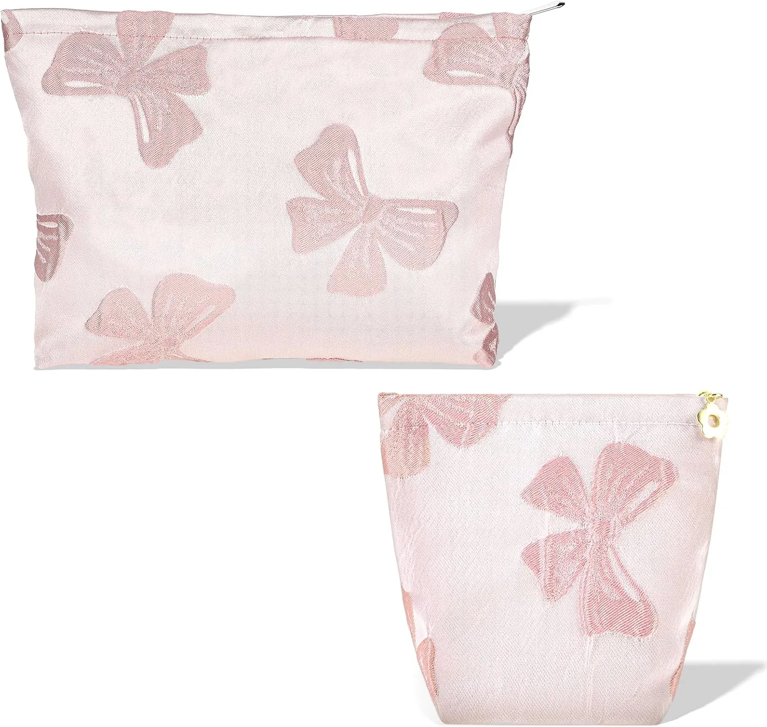 2Pcs Makeup Bag Pink Bow Organizer Cosmetic for Accessories Large Capacity Portable Cosmetic Case Pouch Open Flat Toiletry Bag Make up Organizer for Girls Traveling