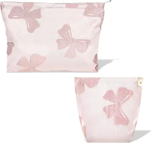 2Pcs Makeup Bag Pink Bow Organizer Cosmetic for Accessories Large Capacity Portable Cosmetic Case Pouch Open Flat Toiletry Bag Make up Organizer for Girls Traveling