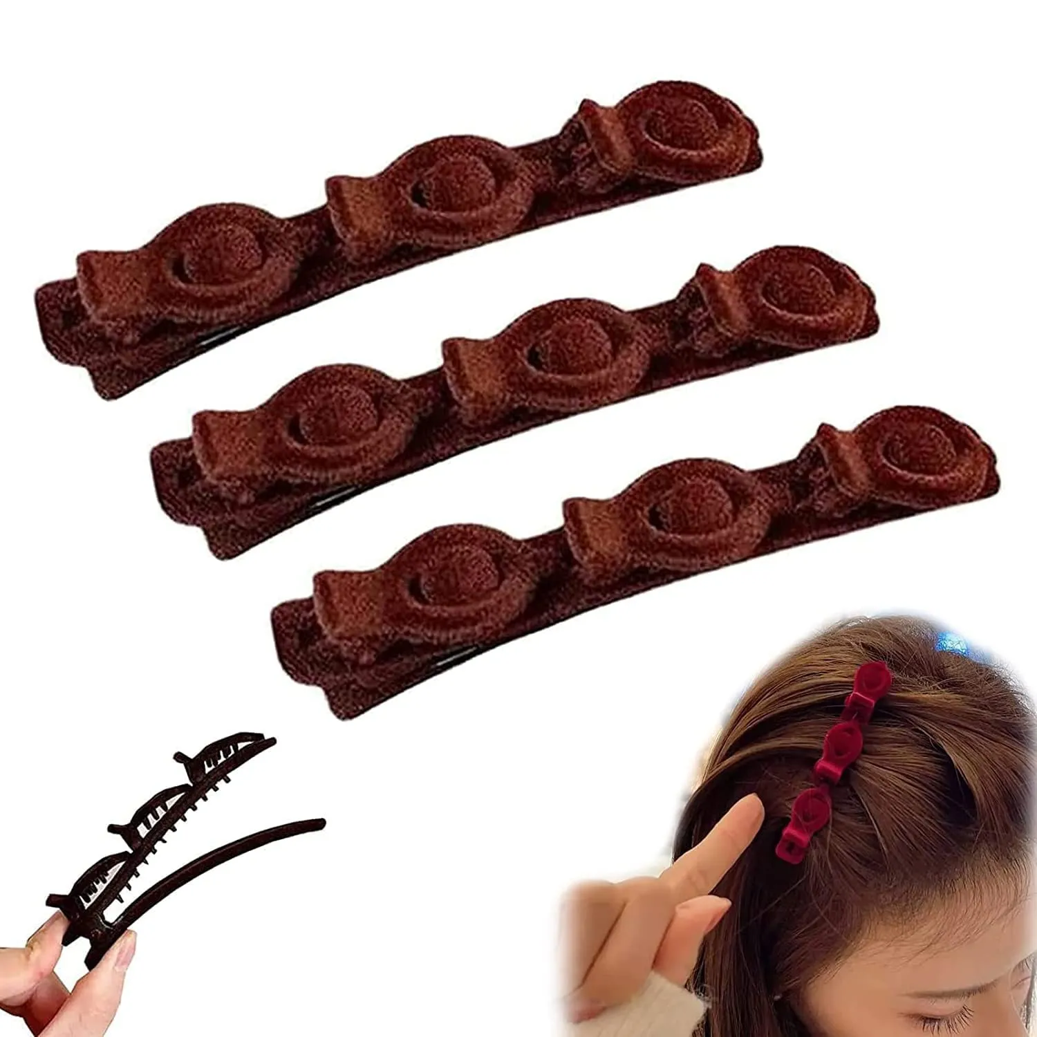 3PCS Double Double Retro Layer Twist Plait Hair,Flocking Texture Braided Hair Clips-Multi-Layer Hollow Woven Headband for Women Girls Braided Hair (Brown)