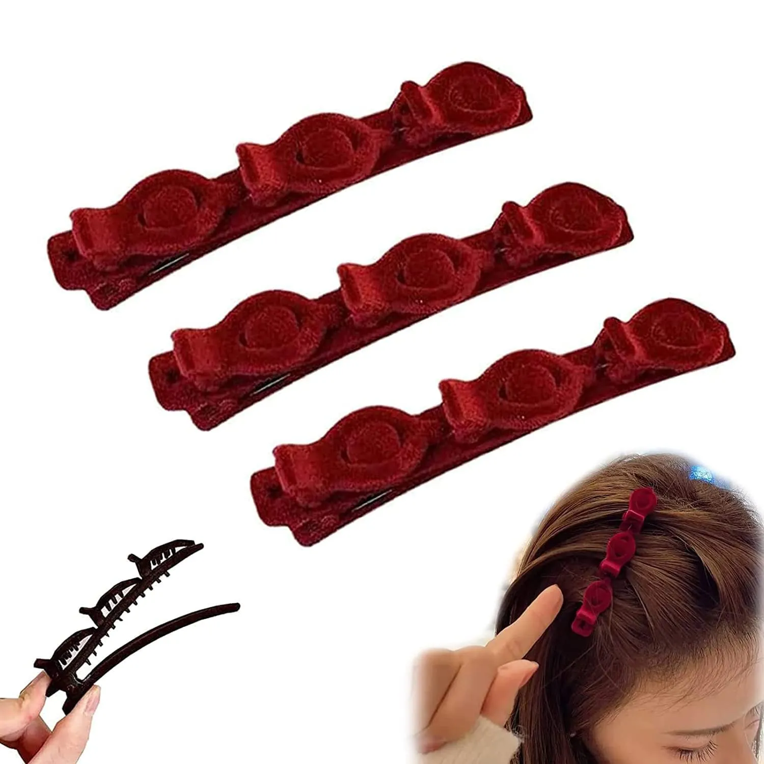 3PCS Double Double Retro Layer Twist Plait Hair,Flocking Texture Braided Hair Clips-Multi-Layer Hollow Woven Headband for Women Girls Braided Hair (Red)