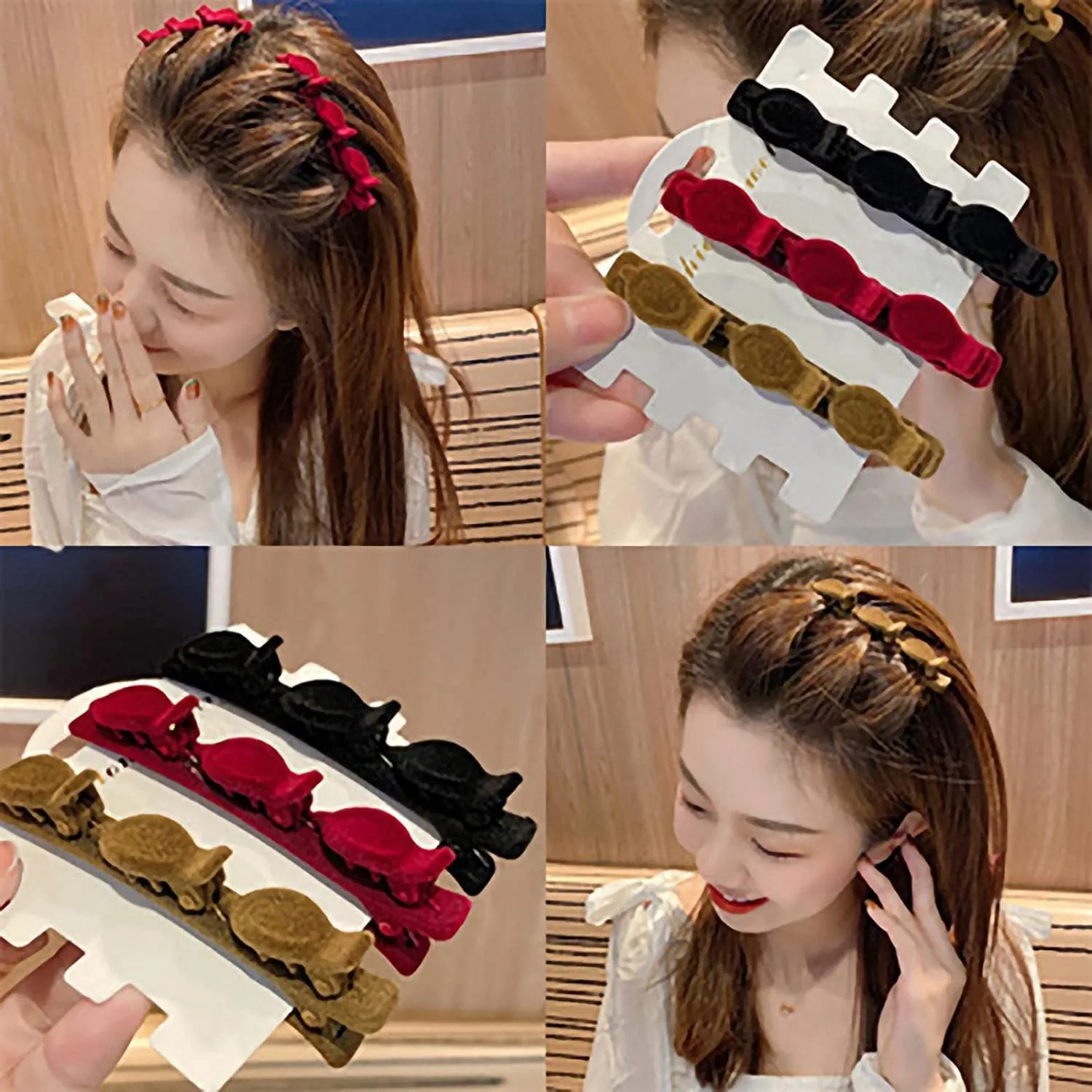 3PCS Double Double Retro Layer Twist Plait Hair,Flocking Texture Braided Hair Clips-Multi-Layer Hollow Woven Headband for Women Girls Braided Hair (Red)