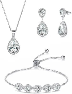 3UMeter Jewelry Sets for Women Necklace Earrings Bracelet Set White Gold Plated Jewelry Set with White AAA Cubic Zirconia for Women Wedding Jewelry for Bride Bridesmaid