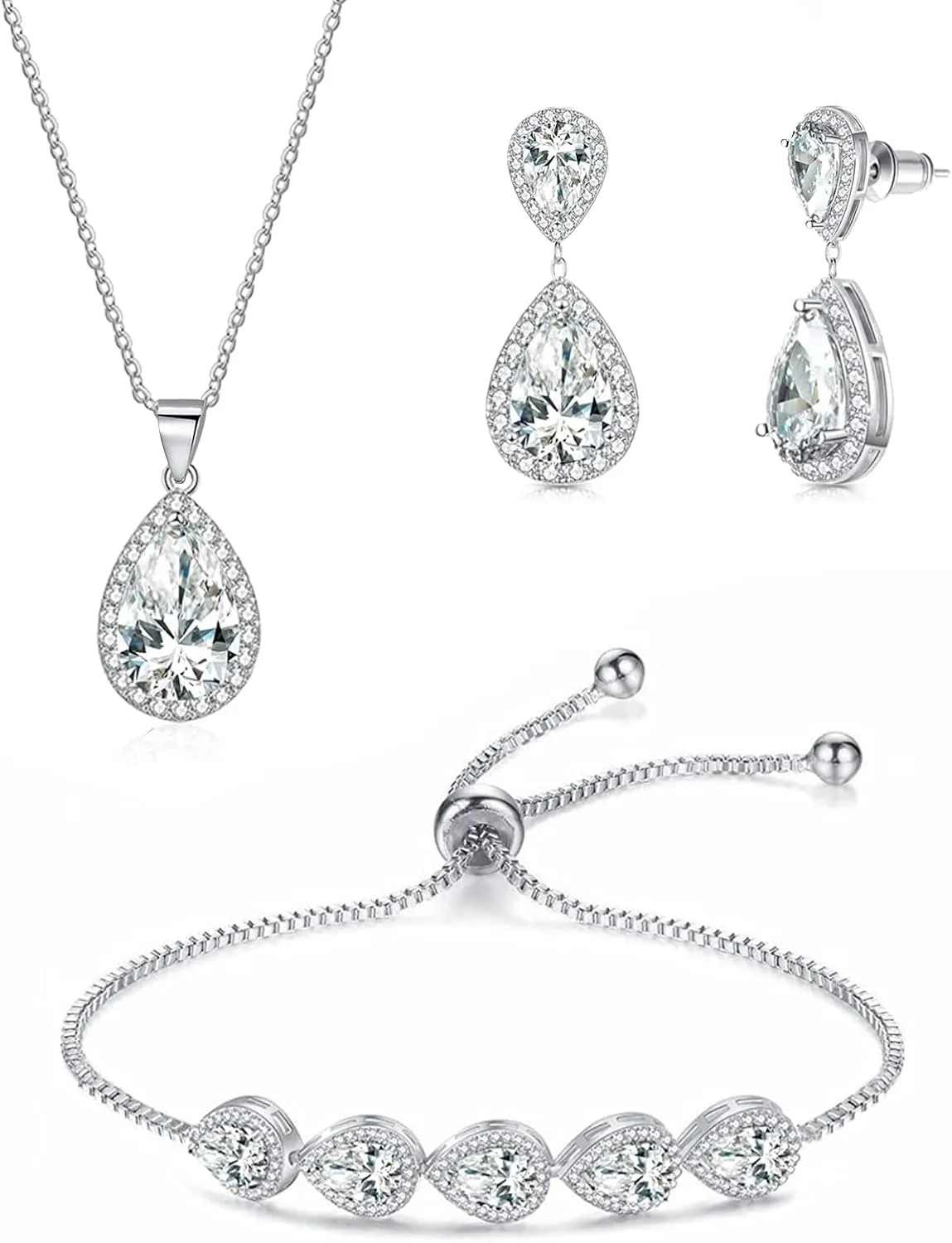 3UMeter Jewelry Sets for Women Necklace Earrings Bracelet Set White Gold Plated Jewelry Set with White AAA Cubic Zirconia for Women Wedding Jewelry for Bride Bridesmaid