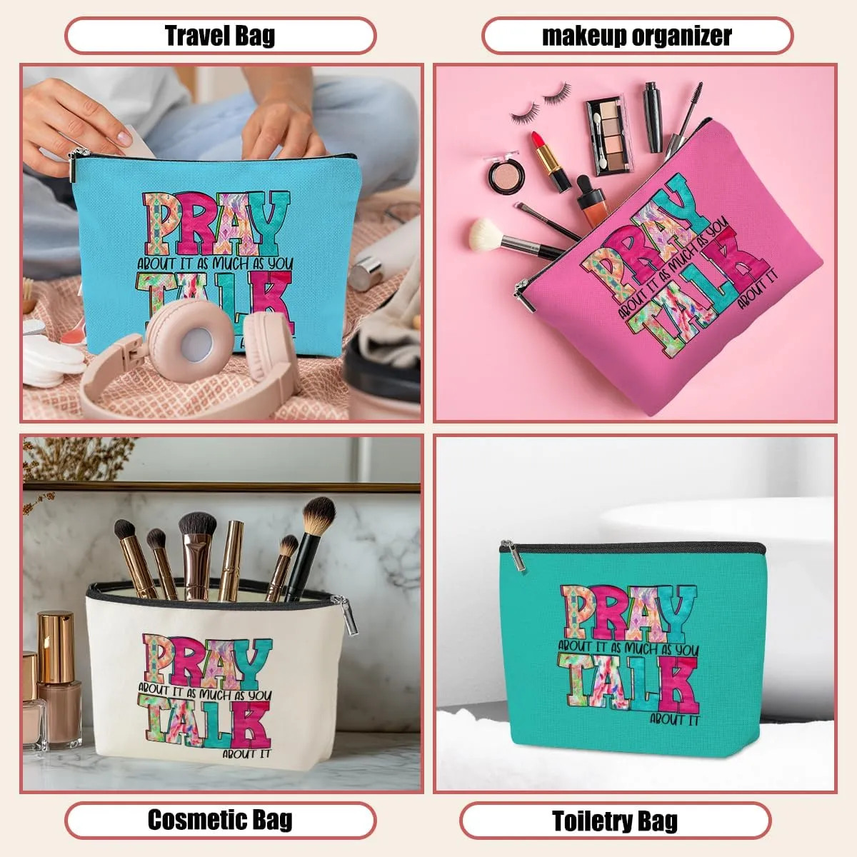 4 Pack Inspirational Christian Gifts Religious Gifts for Women Gifts Teachers Prayer Friend Mom Makeup Bag,Travel Essentials Cosmetic Bags for Women Grandma,Birthday Graduation Christmas