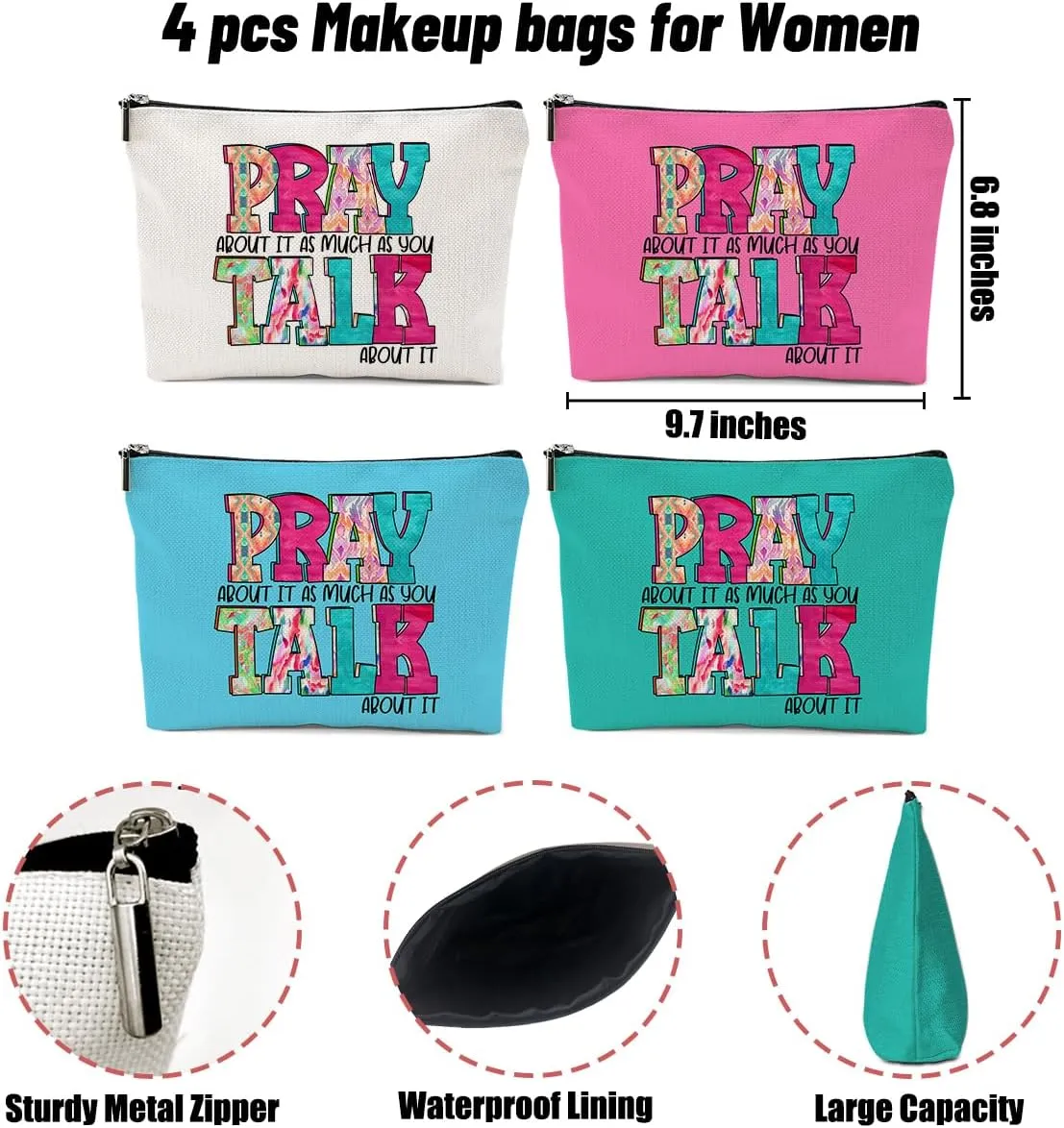4 Pack Inspirational Christian Gifts Religious Gifts for Women Gifts Teachers Prayer Friend Mom Makeup Bag,Travel Essentials Cosmetic Bags for Women Grandma,Birthday Graduation Christmas