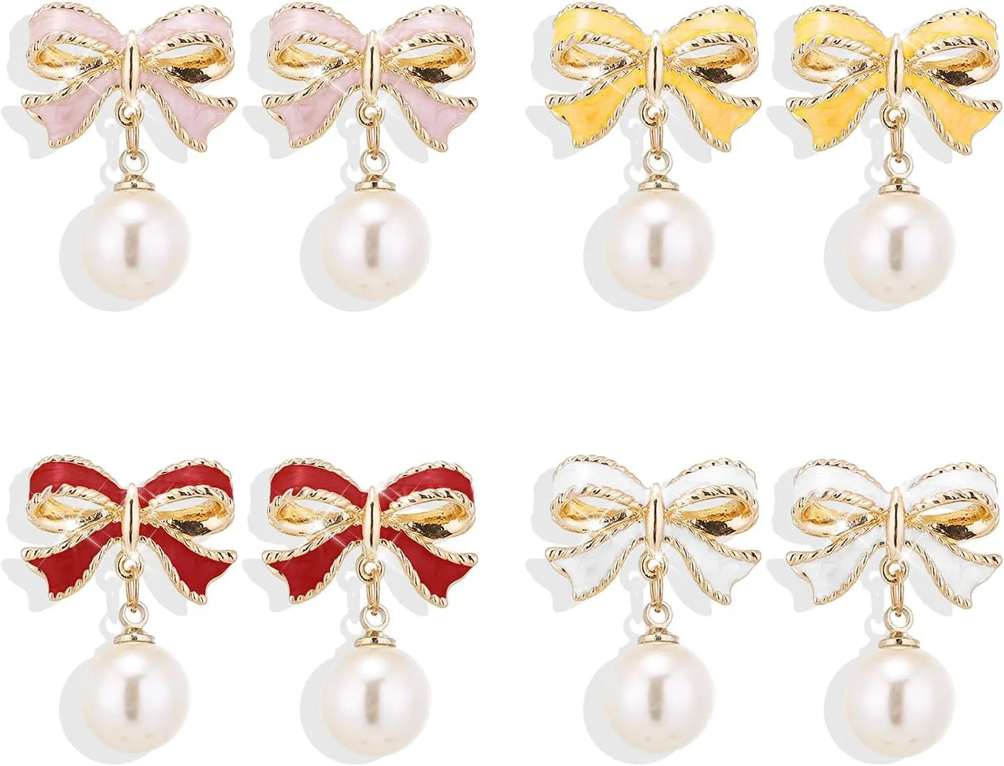 4Pairs Bow Earrings for Women Trendy Gold Pearl Drop Dangle Earrings Bowknot Stud Wedding Party Daily Jewelry Accessory Gifts for Her