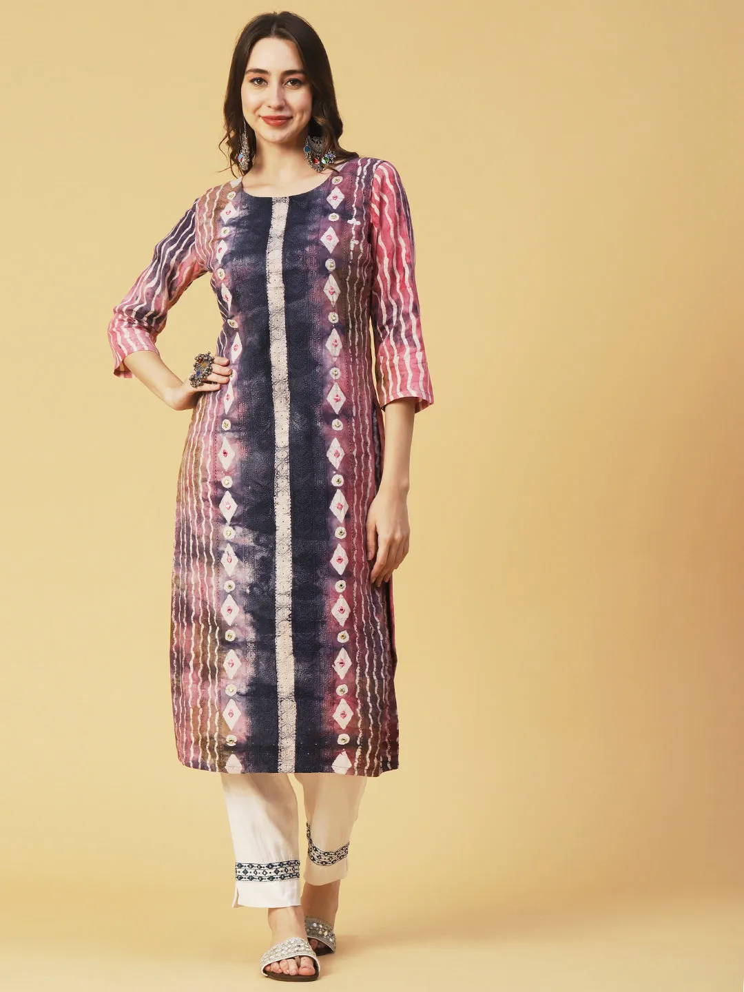 Abstract Batik Printed Mirror & Resham Embroidered Schiffili Kurta - Multi