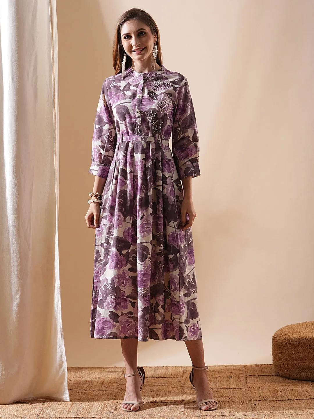 Abstract Floral Printed & Embroidered A-Line Flared Midi Dress - Lavender