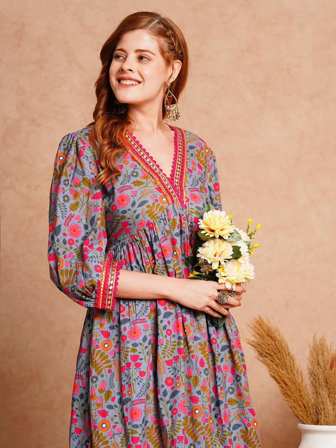 Abstract Floral Printed & Embroidered A-Line Pleated Midi Dress - Blue