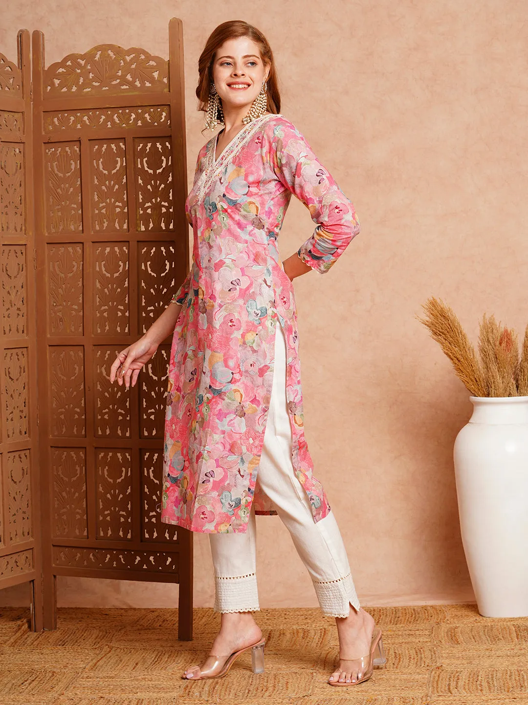 Abstract Floral Printed & Embroidered Straight Fit Kurta - Pink