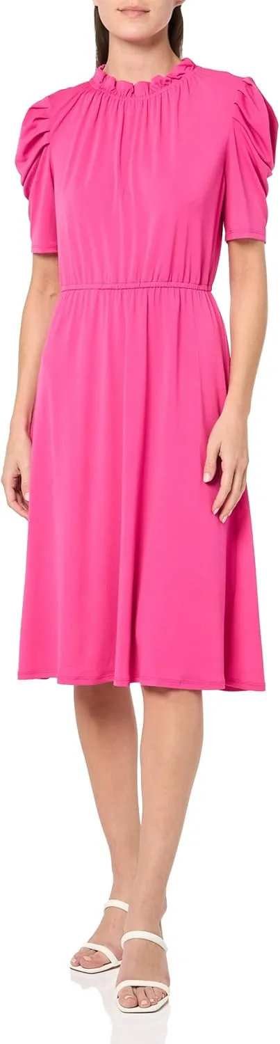 Adrianna Papell Women's Solid Knit Ruffle Neck Pleated Sleeve Midi Dress