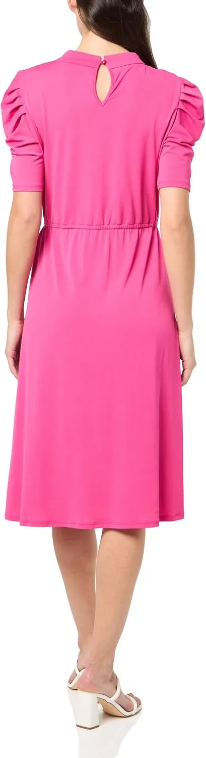 Adrianna Papell Women's Solid Knit Ruffle Neck Pleated Sleeve Midi Dress