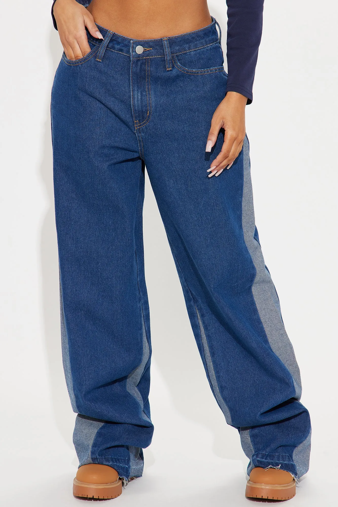 After All This Time Two Tone Baggy Jeans - Medium Wash