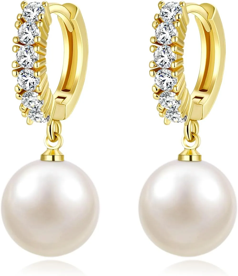 AiliFe Pearl Drop Dangle Earrings, 5A  Cubic Zirconia Pearl Hoop Earrings - Hypoallergenic Jewelry Gift for Ladies