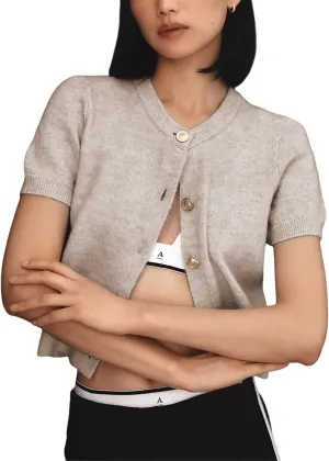 Aimiray Women's Cable Short Sleeve Cardigans Sweater Button Down Lightweight Cropped Casual Ribbed Knitted Tops