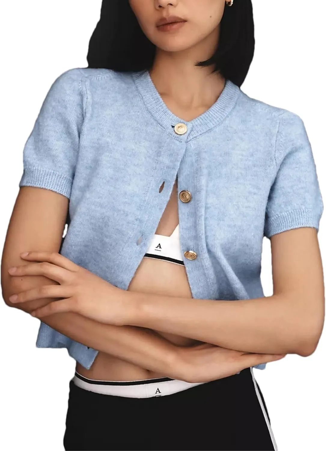 Aimiray Women's Cable Short Sleeve Cardigans Sweater Button Down Lightweight Cropped Casual Ribbed Knitted Tops