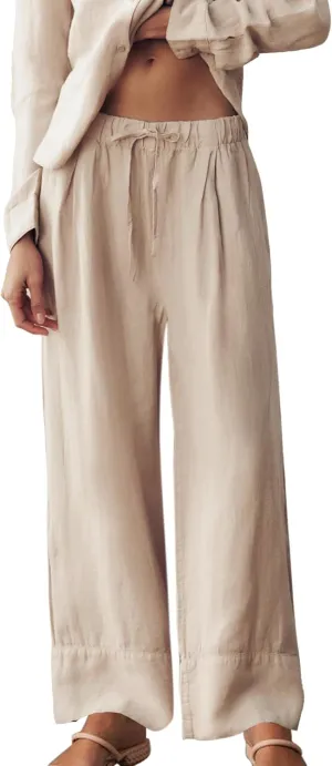 Ainangua Women Linen Palazzo Pants Casual Elasticated Drawstring Waist Wide Leg Trousers Trendy Beach Travel Outfits