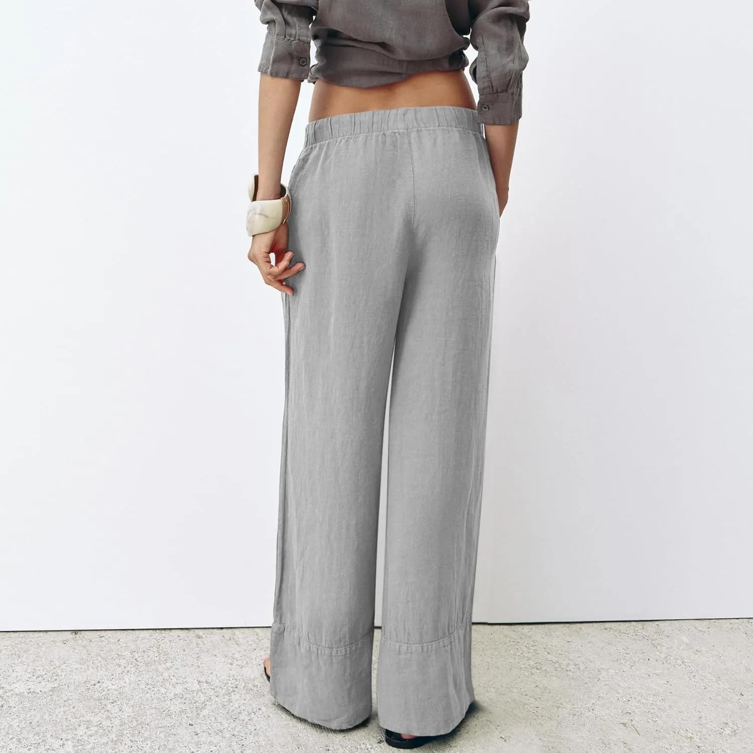 Ainangua Women Linen Palazzo Pants Casual Elasticated Drawstring Waist Wide Leg Trousers Trendy Beach Travel Outfits