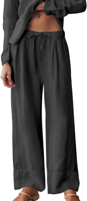 Ainangua Women Linen Palazzo Pants Casual Elasticated Drawstring Waist Wide Leg Trousers Trendy Beach Travel Outfits