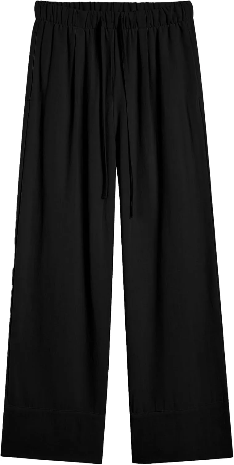 Ainangua Women Linen Palazzo Pants Casual Elasticated Drawstring Waist Wide Leg Trousers Trendy Beach Travel Outfits