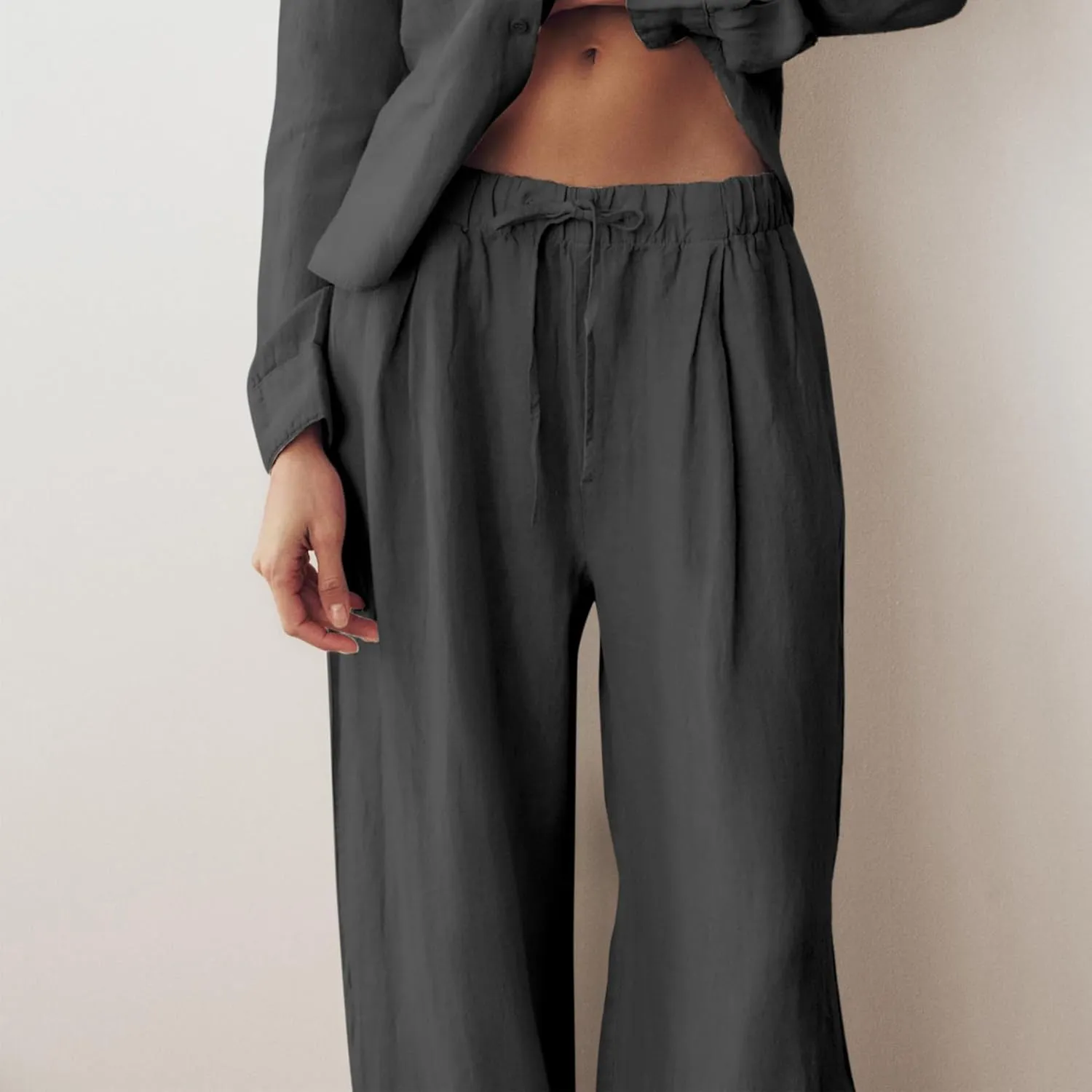 Ainangua Women Linen Palazzo Pants Casual Elasticated Drawstring Waist Wide Leg Trousers Trendy Beach Travel Outfits