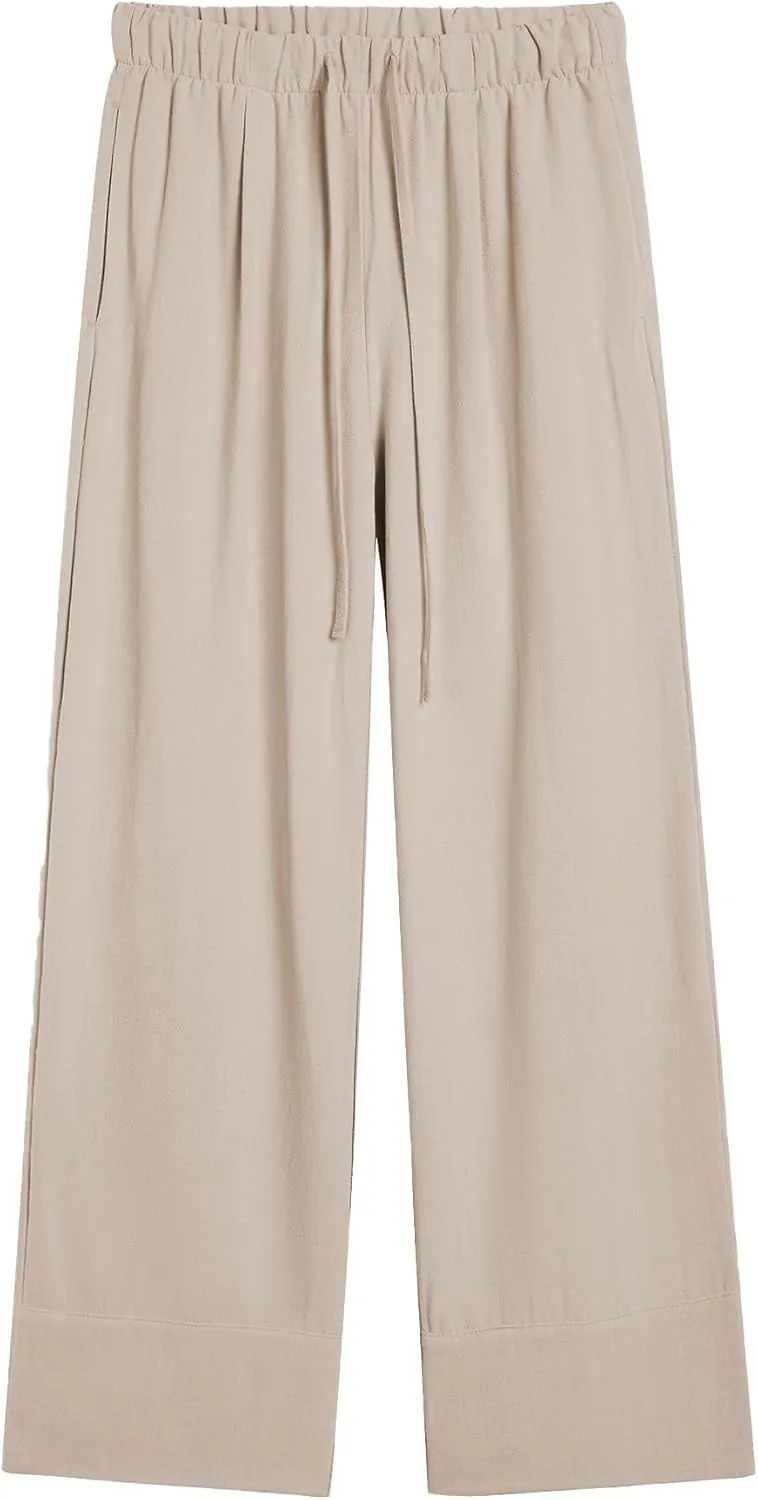 Ainangua Women Linen Palazzo Pants Casual Elasticated Drawstring Waist Wide Leg Trousers Trendy Beach Travel Outfits