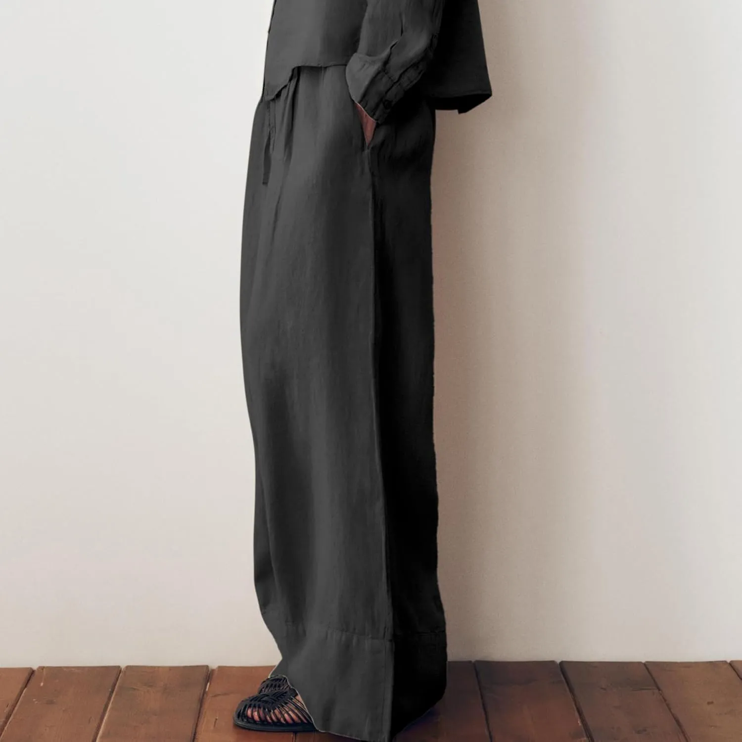 Ainangua Women Linen Palazzo Pants Casual Elasticated Drawstring Waist Wide Leg Trousers Trendy Beach Travel Outfits