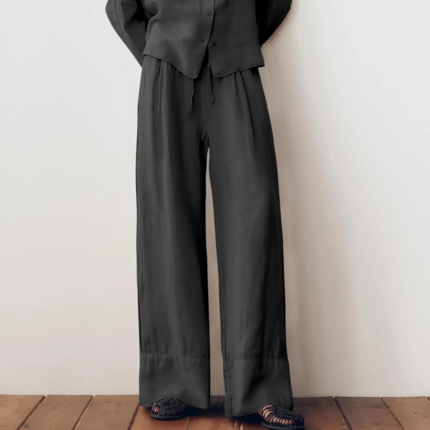 Ainangua Women Linen Palazzo Pants Casual Elasticated Drawstring Waist Wide Leg Trousers Trendy Beach Travel Outfits