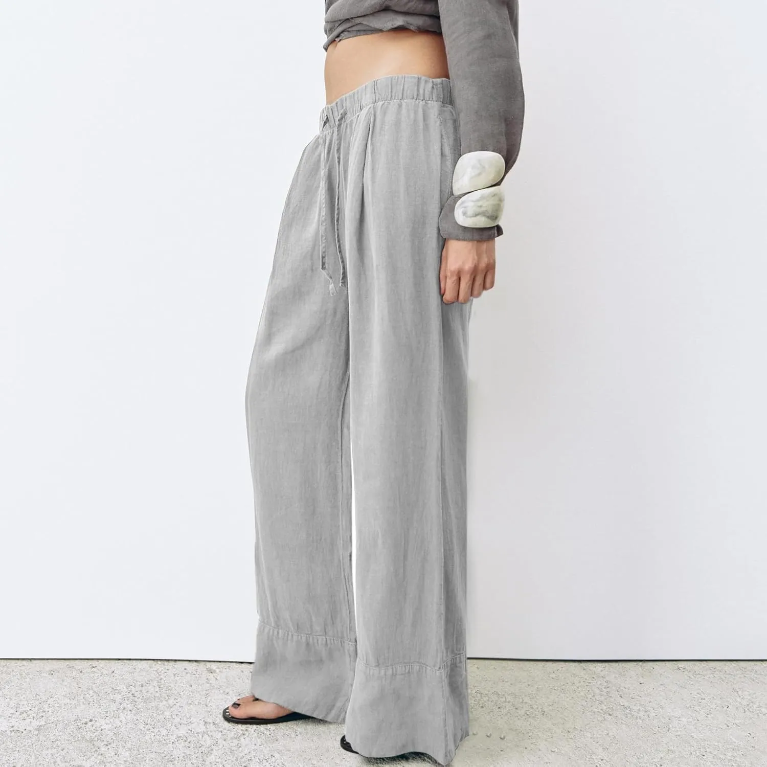 Ainangua Women Linen Palazzo Pants Casual Elasticated Drawstring Waist Wide Leg Trousers Trendy Beach Travel Outfits