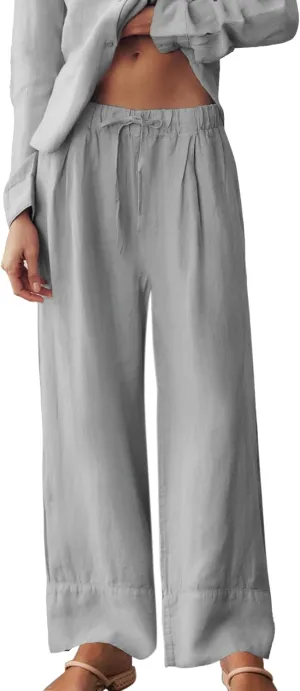 Ainangua Women Linen Palazzo Pants Casual Elasticated Drawstring Waist Wide Leg Trousers Trendy Beach Travel Outfits