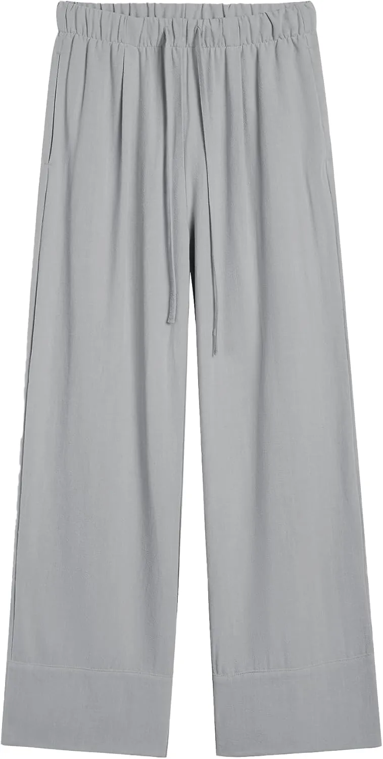 Ainangua Women Linen Palazzo Pants Casual Elasticated Drawstring Waist Wide Leg Trousers Trendy Beach Travel Outfits