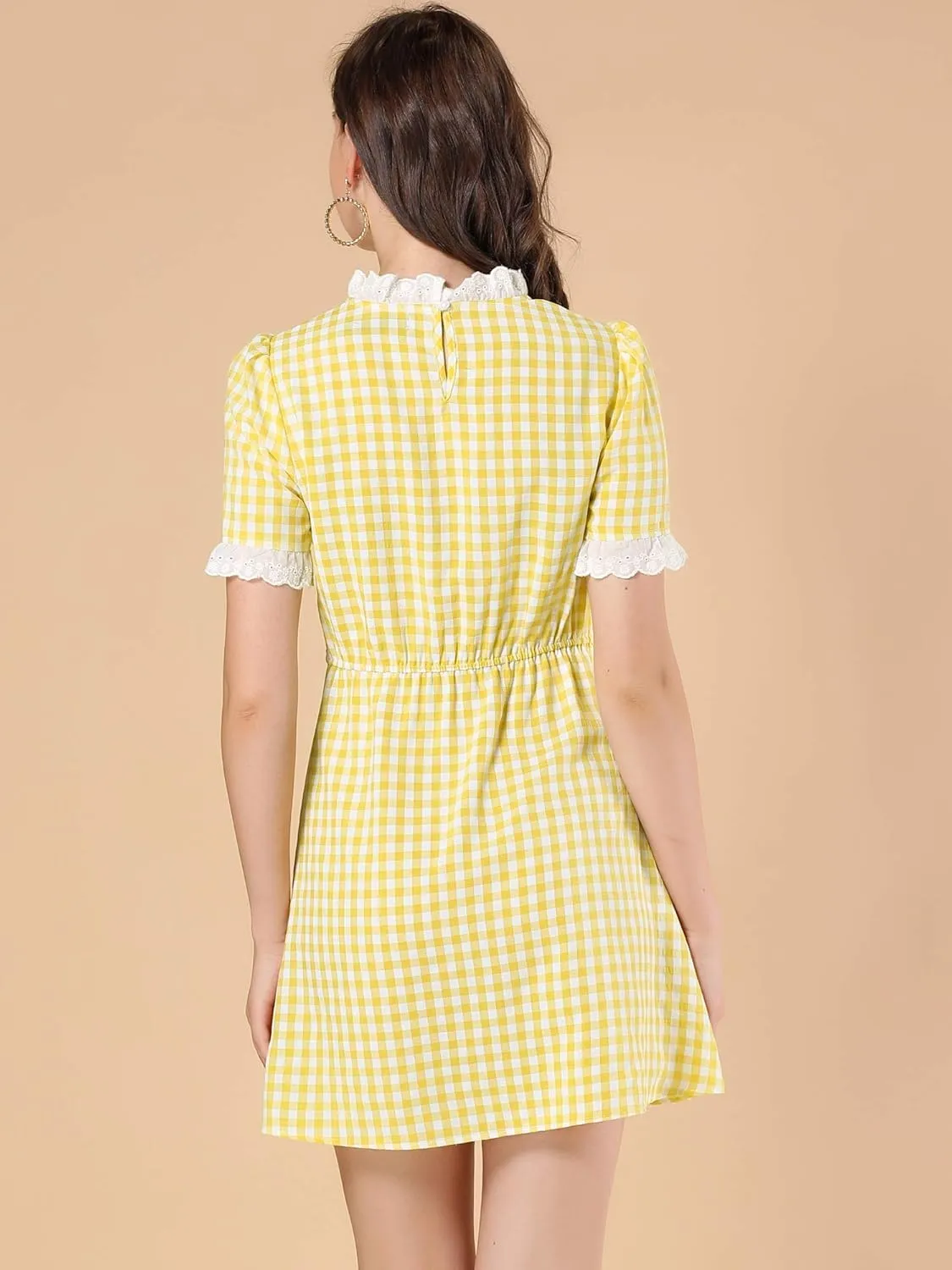 Allegra K Women's Halloween Dorothy Dress Costume Summer Ruffle Neck Lace Panel Short Sleeve Check Gingham Dress