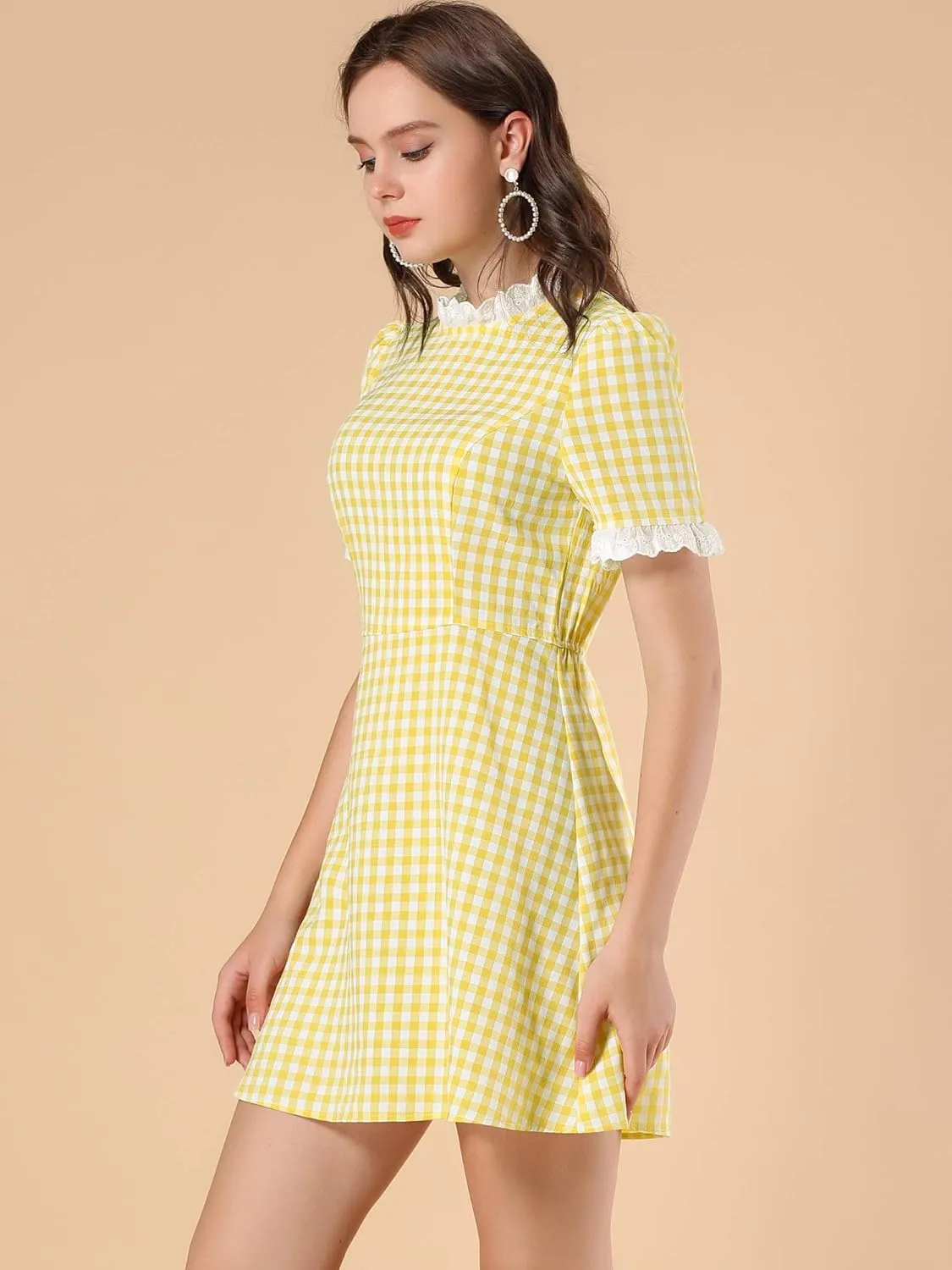 Allegra K Women's Halloween Dorothy Dress Costume Summer Ruffle Neck Lace Panel Short Sleeve Check Gingham Dress
