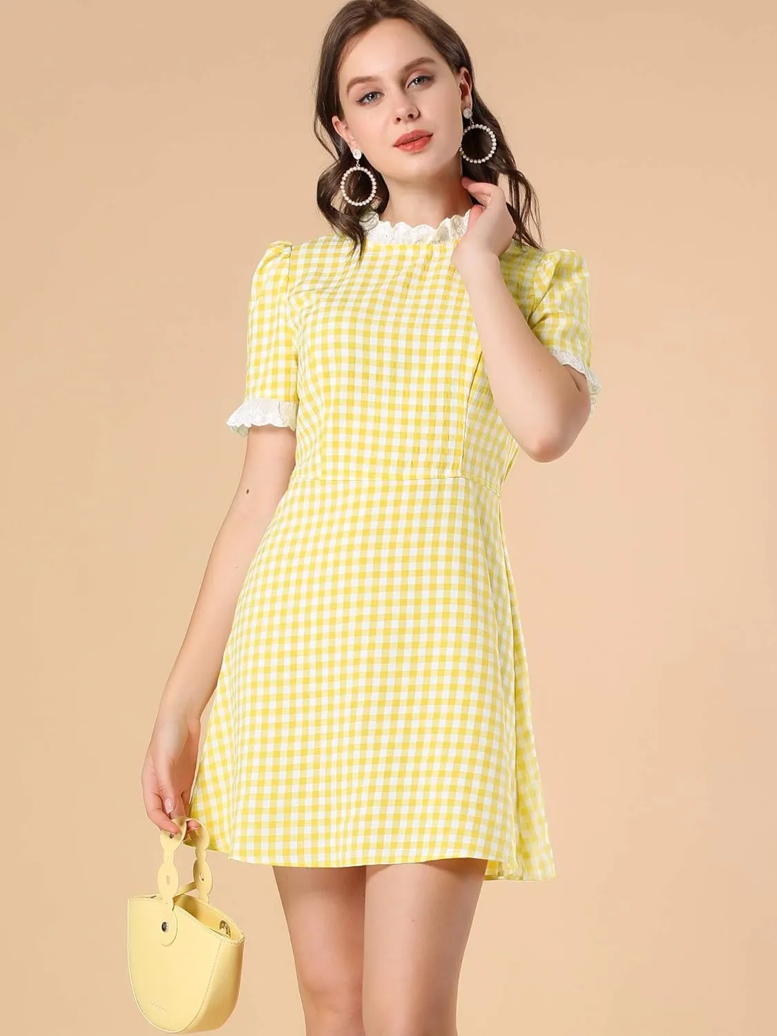 Allegra K Women's Halloween Dorothy Dress Costume Summer Ruffle Neck Lace Panel Short Sleeve Check Gingham Dress
