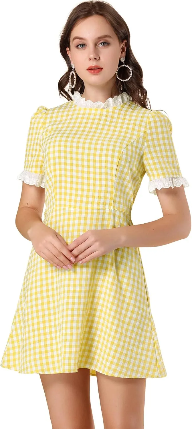 Allegra K Women's Halloween Dorothy Dress Costume Summer Ruffle Neck Lace Panel Short Sleeve Check Gingham Dress