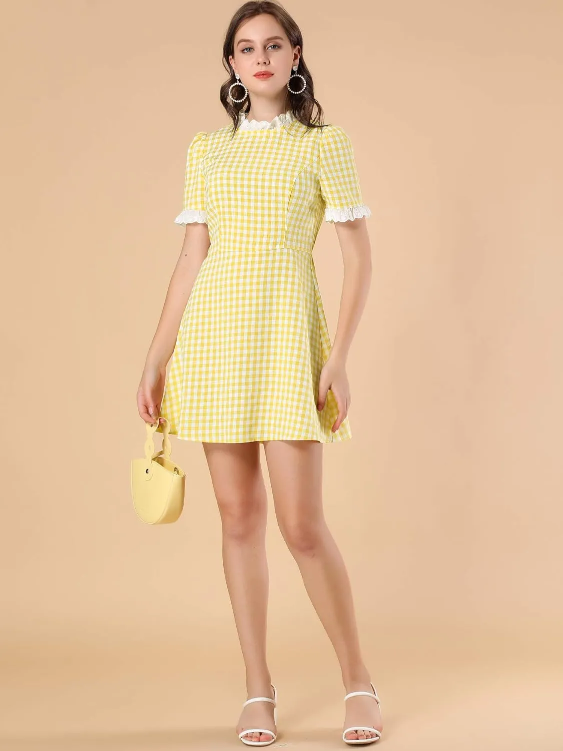 Allegra K Women's Halloween Dorothy Dress Costume Summer Ruffle Neck Lace Panel Short Sleeve Check Gingham Dress