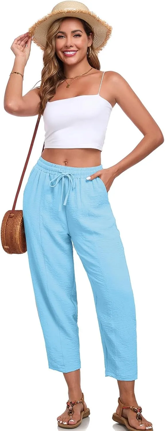 ALSOGO Womens High Waisted Baggy Pants Casual Ankle Length Pants Palazzo Trousers Slacks with Pockets Summer