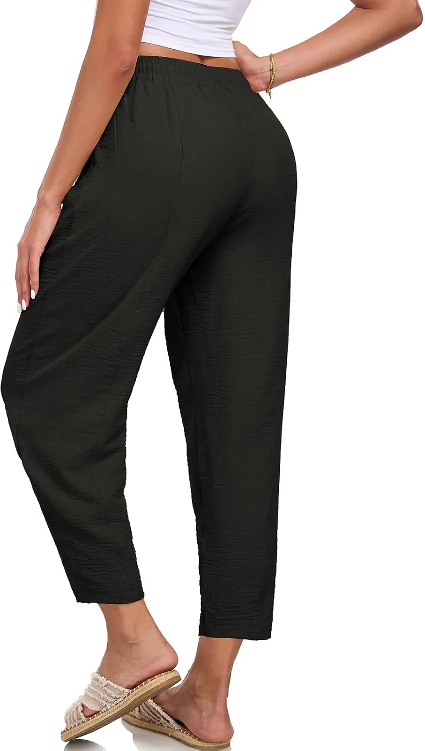 ALSOGO Womens High Waisted Baggy Pants Casual Ankle Length Pants Palazzo Trousers Slacks with Pockets Summer