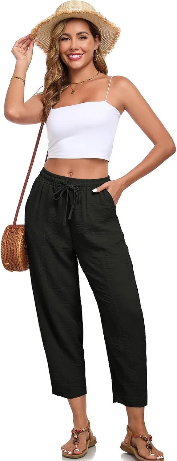 ALSOGO Womens High Waisted Baggy Pants Casual Ankle Length Pants Palazzo Trousers Slacks with Pockets Summer